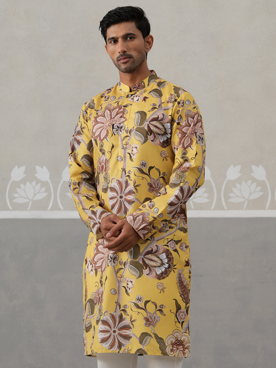 Men's Floral Printed Cotton Straight Kurta (KO 5307 Yellow ) [FF] [J-1]