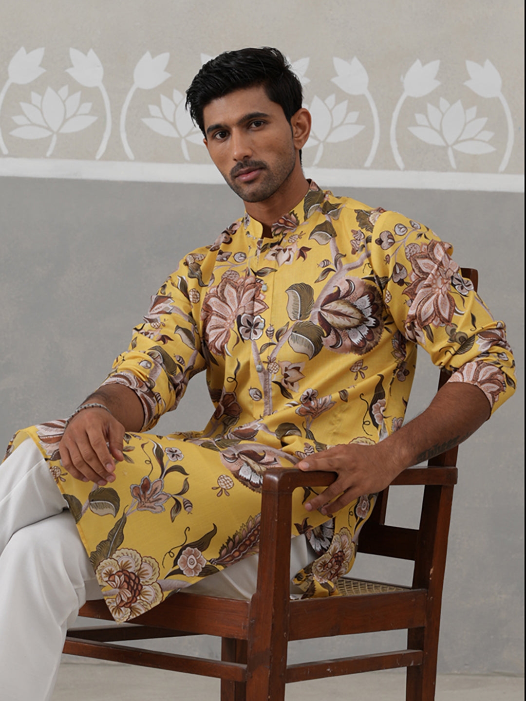 Men's Floral Printed Cotton Straight Kurta (KO 5307 Yellow ) [FF] [J-1]