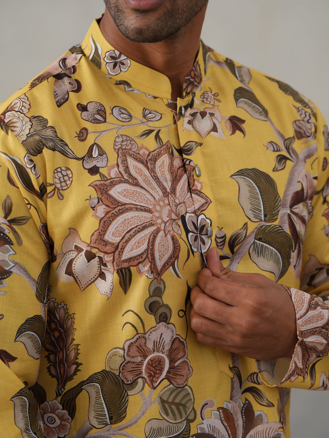 Men's Floral Printed Cotton Straight Kurta (KO 5307 Yellow ) [FF] [J-1]