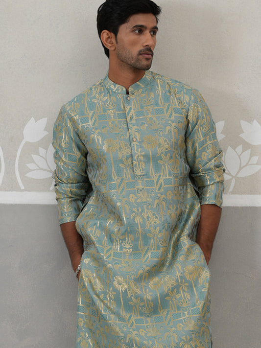 Designer Silk Blend Kurta for Men ( KO 5309 Sea-Green ) [FF] [A-1-4]