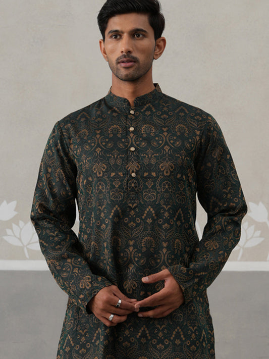 Silk Blend Designer Kurta for Men ( KO 5311 Olive ) [FF] [A-1-4]