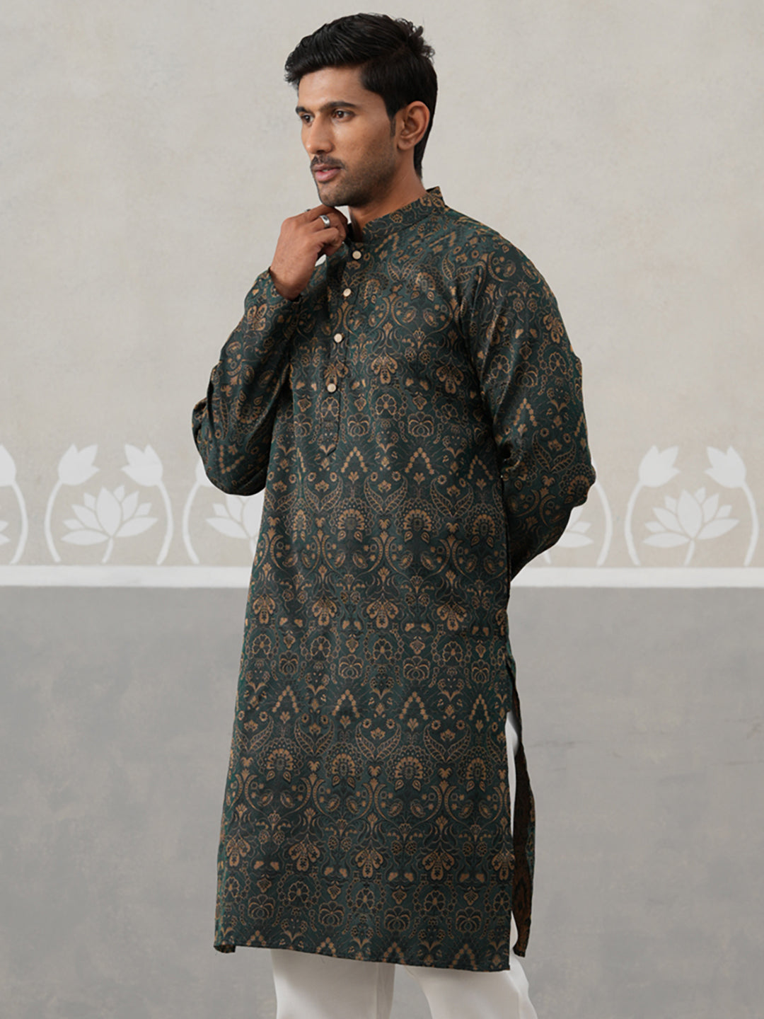Silk Blend Designer Kurta for Men ( KO 5311 Olive ) [FF] [A-1-4]