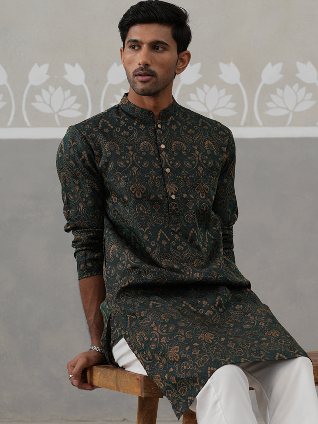 Silk Blend Designer Kurta for Men ( KO 5311 Olive ) [FF] [A-1-4]