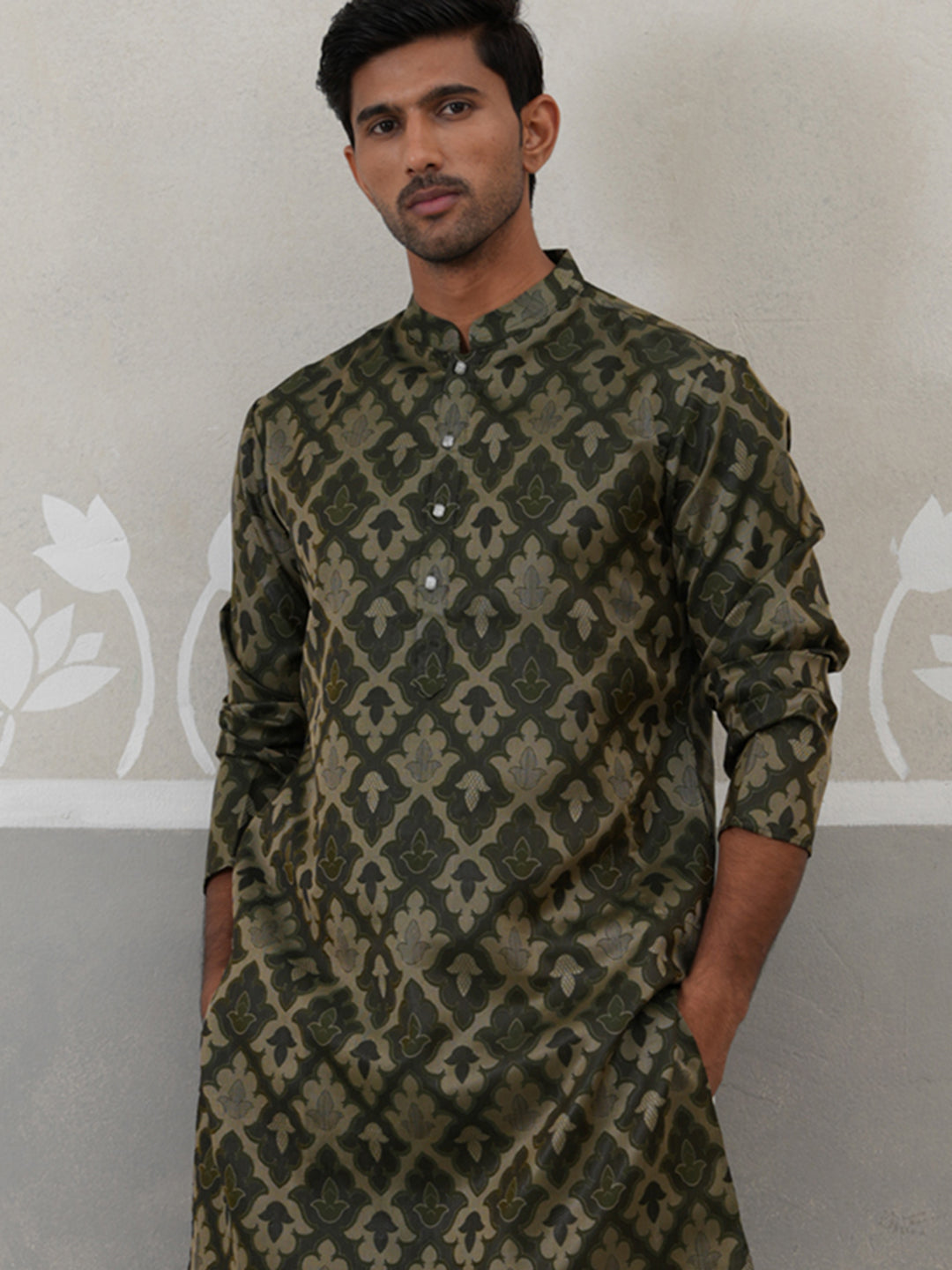 Silk Blend Woven Design Kurta ( KO 5312 Olive ) [FF] [A-1-4]