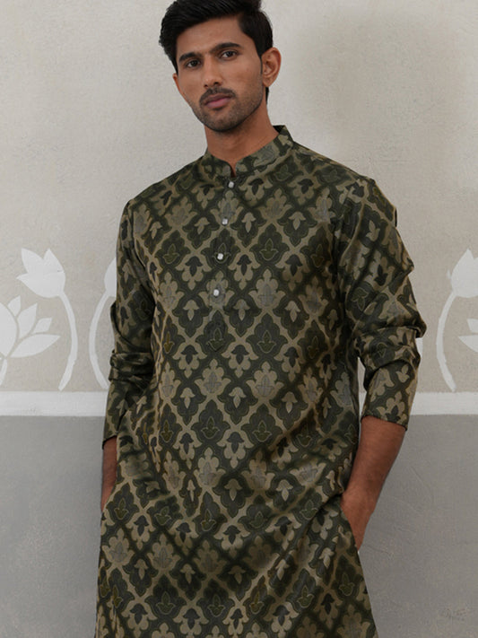 Silk Blend Woven Design Kurta ( KO 5312 Olive ) [FF] [A-1-4]