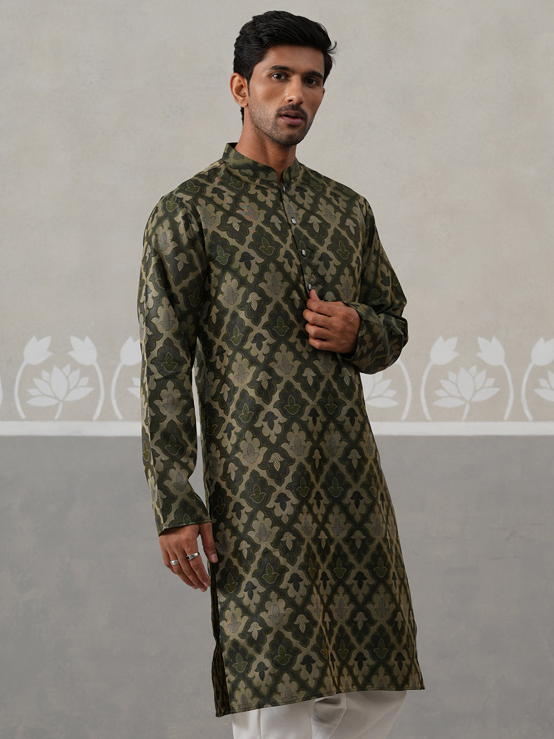 Silk Blend Woven Design Kurta ( KO 5312 Olive ) [FF] [A-1-4]