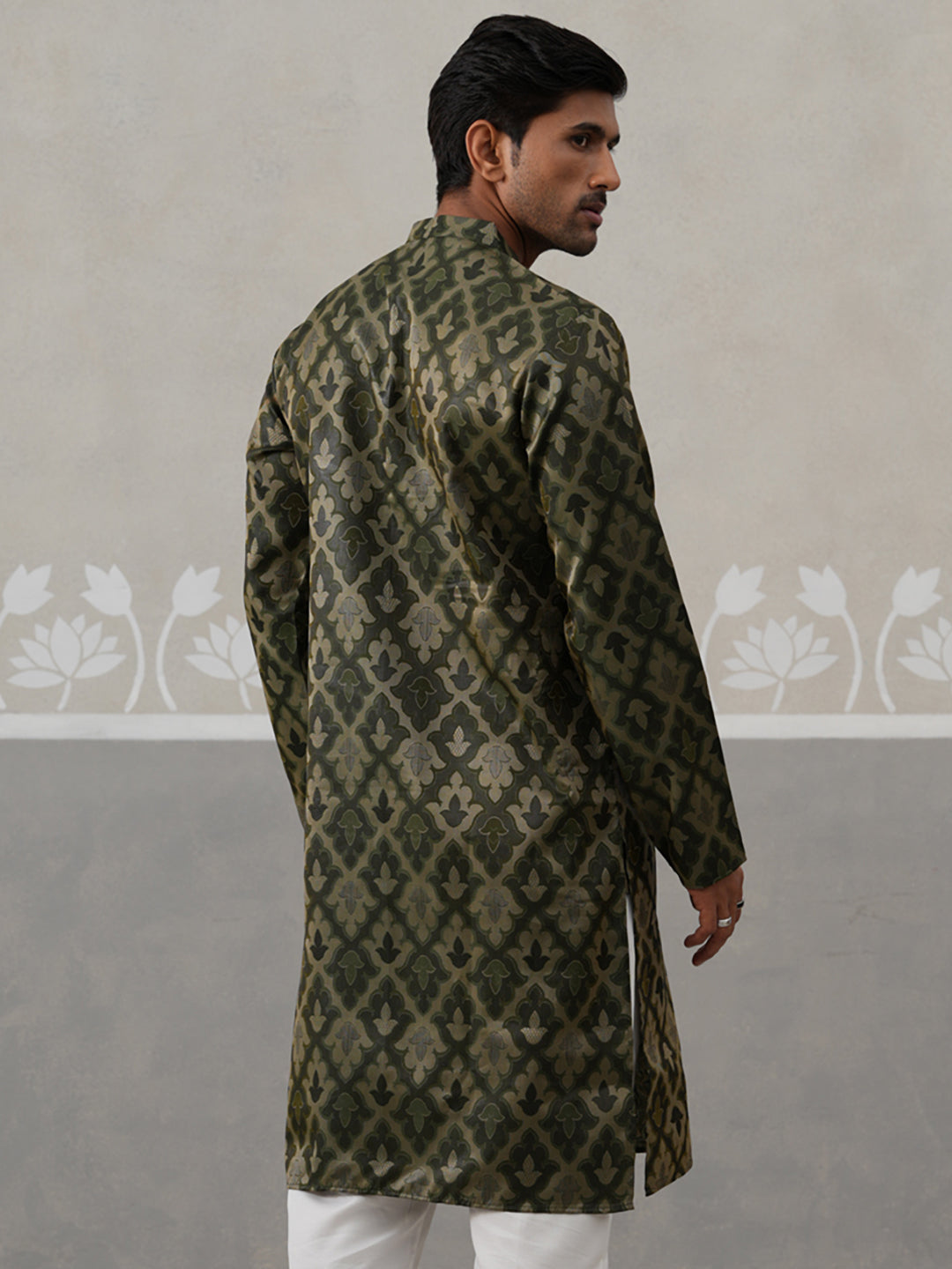 Silk Blend Woven Design Kurta ( KO 5312 Olive ) [FF] [A-1-4]