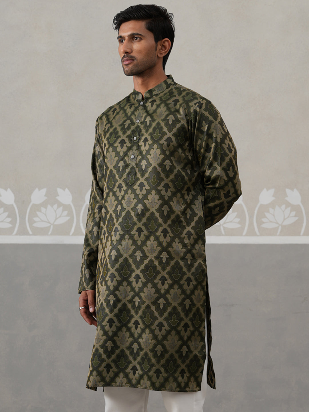 Silk Blend Woven Design Kurta ( KO 5312 Olive ) [FF] [A-1-4]