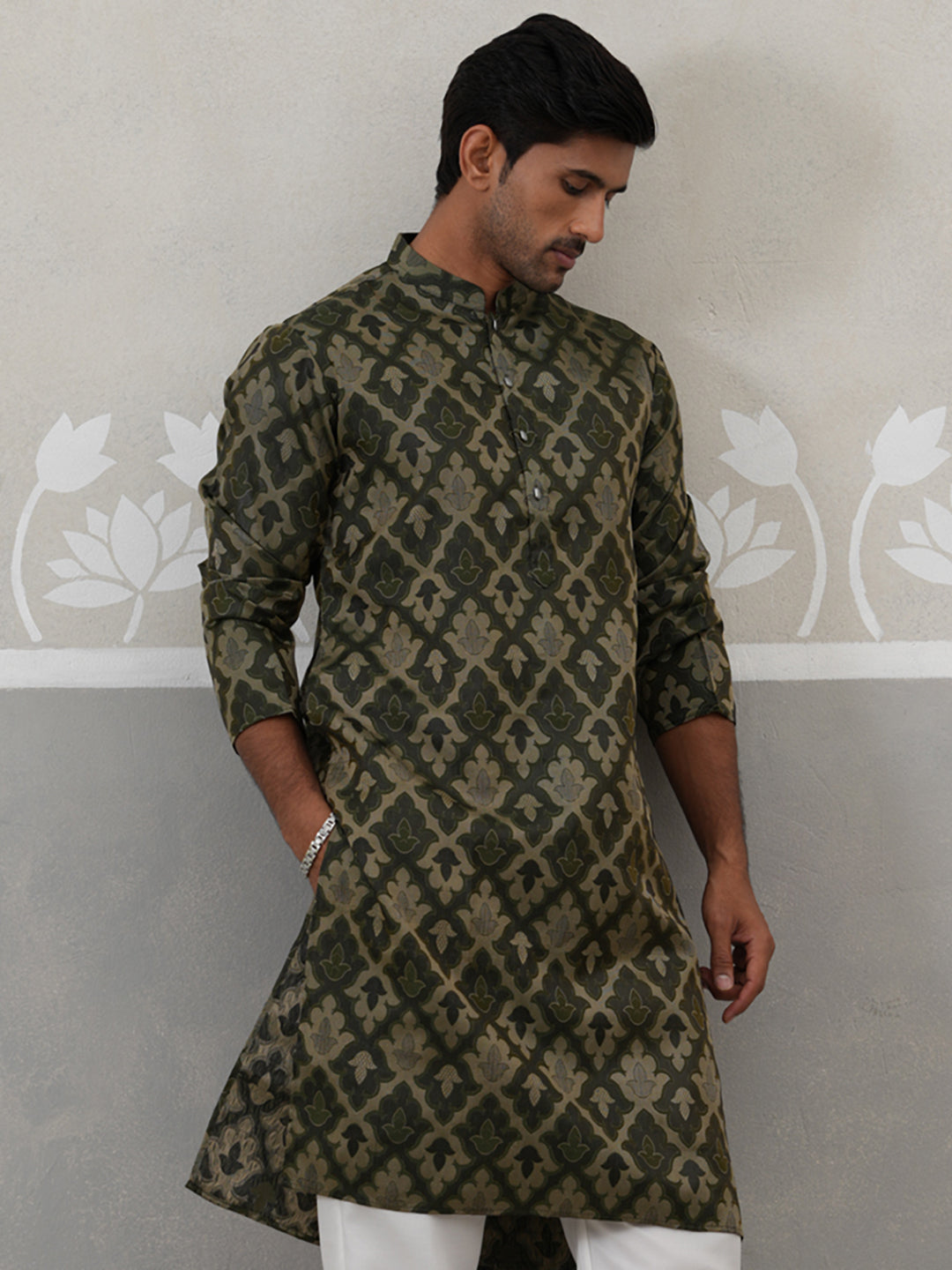 Silk Blend Woven Design Kurta ( KO 5312 Olive ) [FF] [A-1-4]