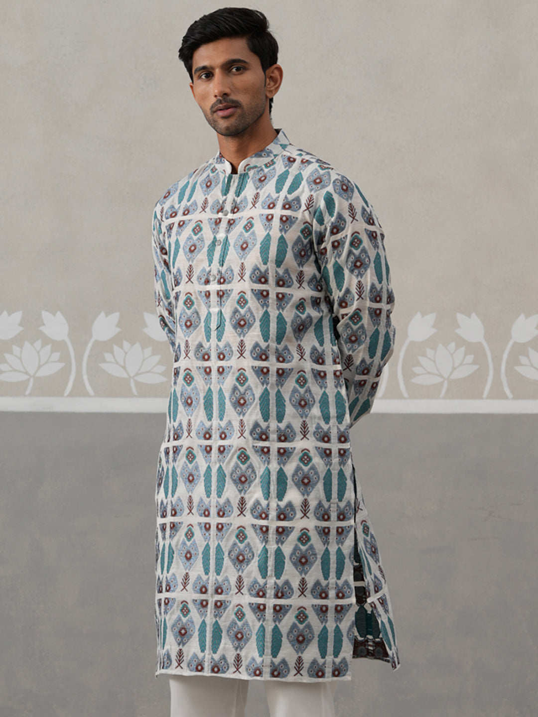 Silk Blend Woven Design Kurta (KO 5315 Blue ) [FF] [A-1-4]