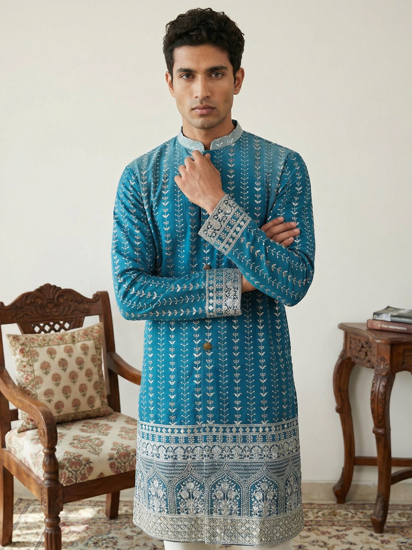 Designer Embroidery Silk Blend Kurta for Men ( KO 5317Peacock S ) [FF] [B-1-2]