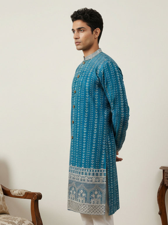 Designer Embroidery Silk Blend Kurta for Men ( KO 5317Peacock S ) [FF] [B-1-2]