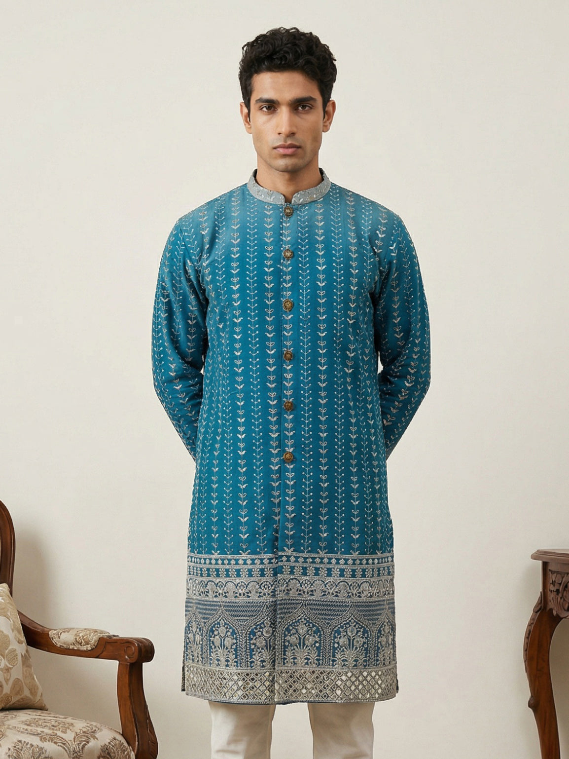 Designer Embroidery Silk Blend Kurta for Men ( KO 5317Peacock S ) [FF] [B-1-2]