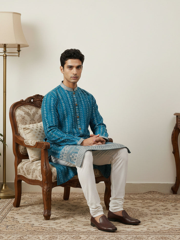Designer Embroidery Silk Blend Kurta for Men ( KO 5317Peacock S ) [FF] [B-1-2]