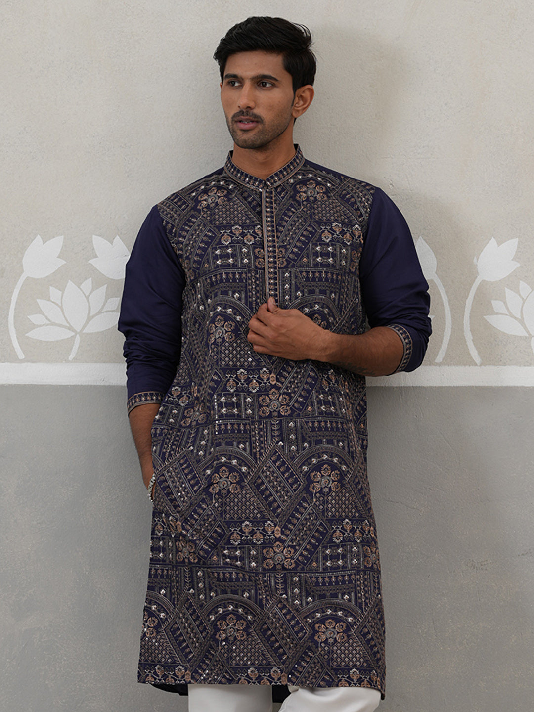Traditional Embroidered Kurta for Men ( KO 5318 Navy ) [FF] [A-6-7]