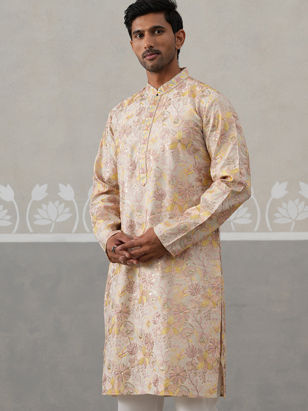 Floral Embroidered and Sequins Kurta ( KO 5323 Cream ) [FF] [B-1-2]