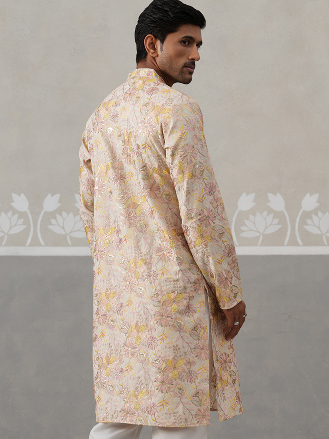 Floral Embroidered and Sequins Kurta ( KO 5323 Cream ) [FF] [B-1-2]