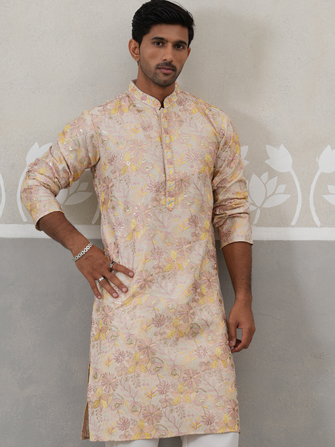 Floral Embroidered and Sequins Kurta ( KO 5323 Cream ) [FF] [B-1-2]