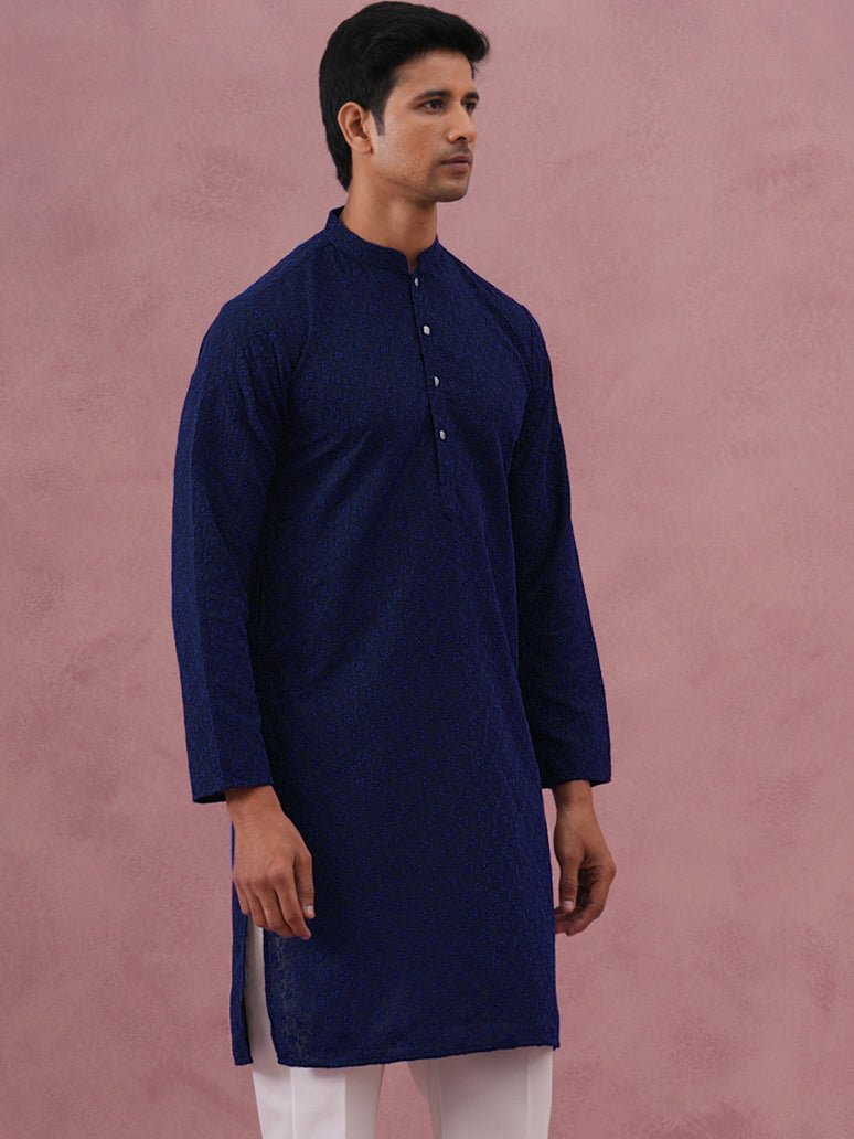 Traditional Cotton Blend Embroidered Kurta ( 65KO 5334Navy S ) [FF] [F-1-2-3-4]