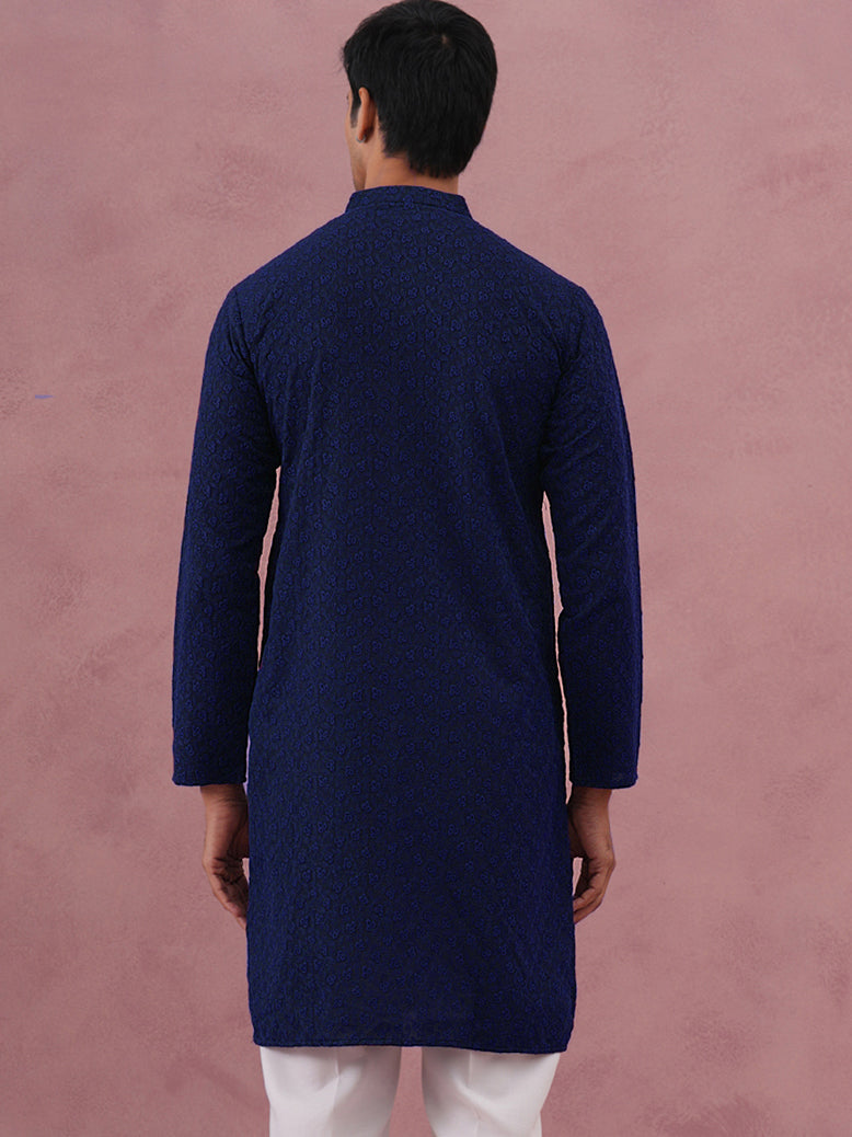 Traditional Cotton Blend Embroidered Kurta ( 65KO 5334Navy S ) [FF] [F-1-2-3-4]