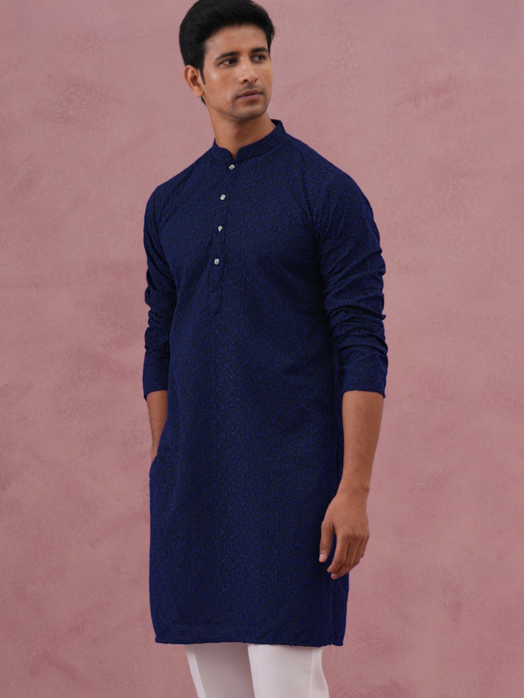 Traditional Cotton Blend Embroidered Kurta ( 65KO 5334Navy S ) [FF] [F-1-2-3-4]