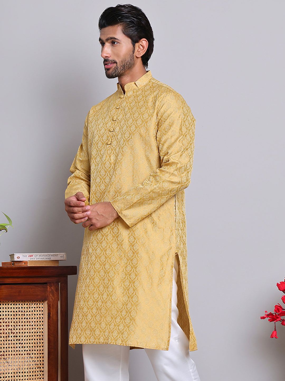 Jacquard Kurta Payjama Sets For Men ( JOKP P 568 Golden )