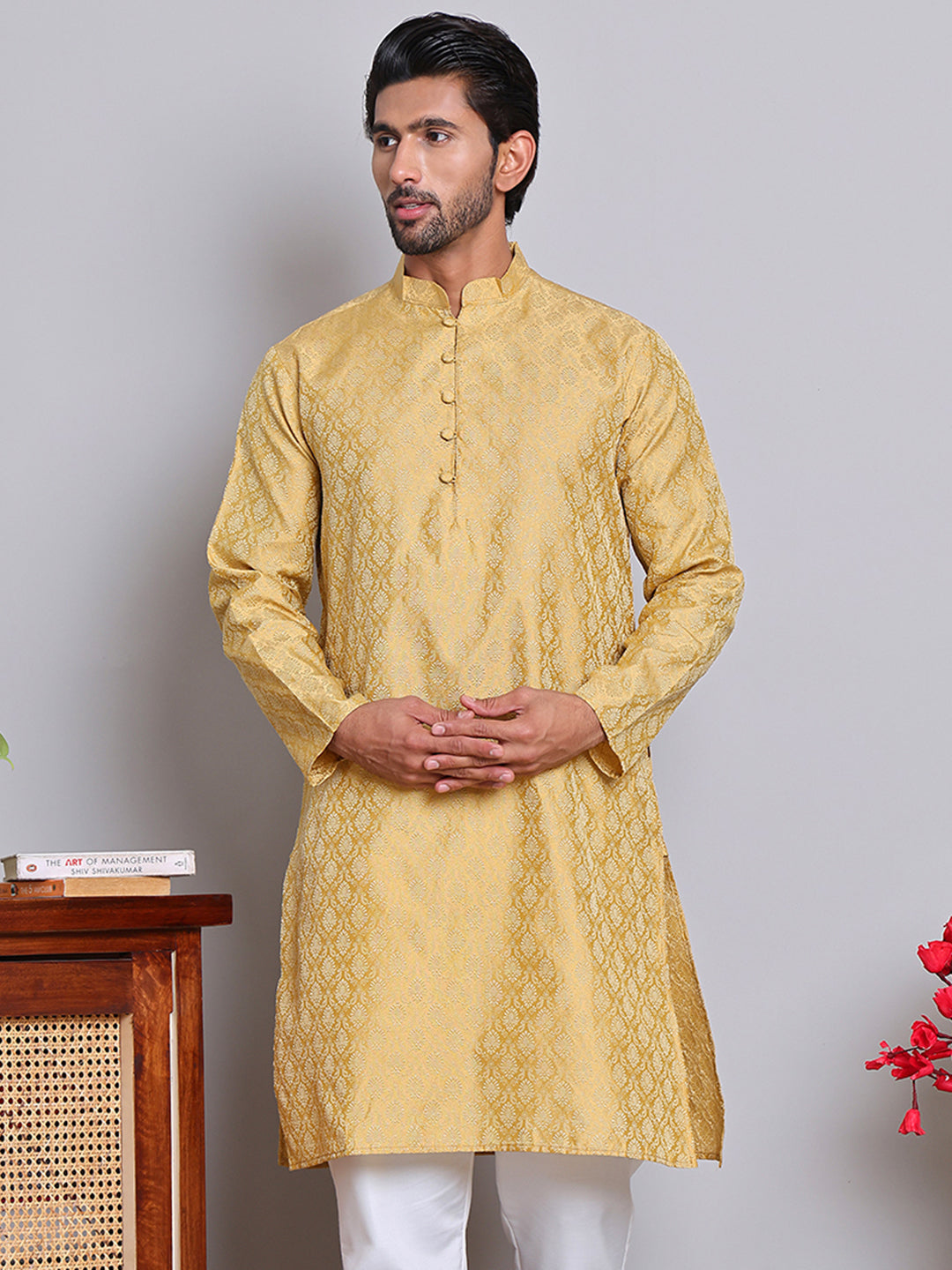 Jacquard Kurta Payjama Sets For Men ( JOKP P 568 Golden )