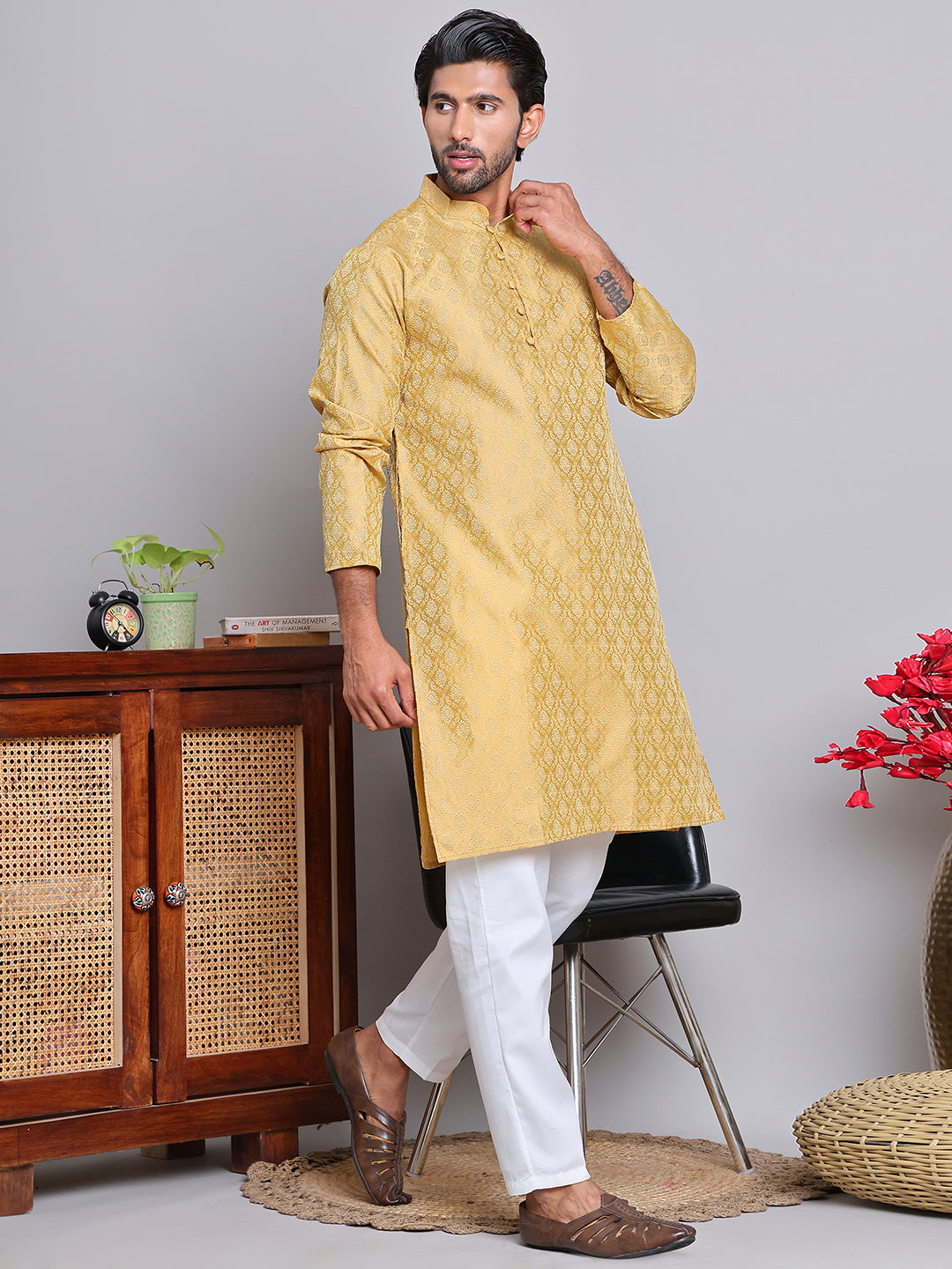 Jacquard Kurta Payjama Sets For Men ( JOKP P 568 Golden )