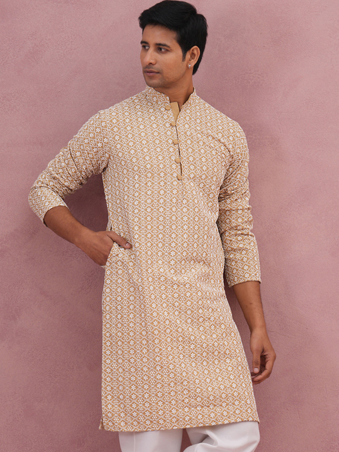 Floral Embroidered Kurta (KO 626 Beige ) [FF] [G-1-5]