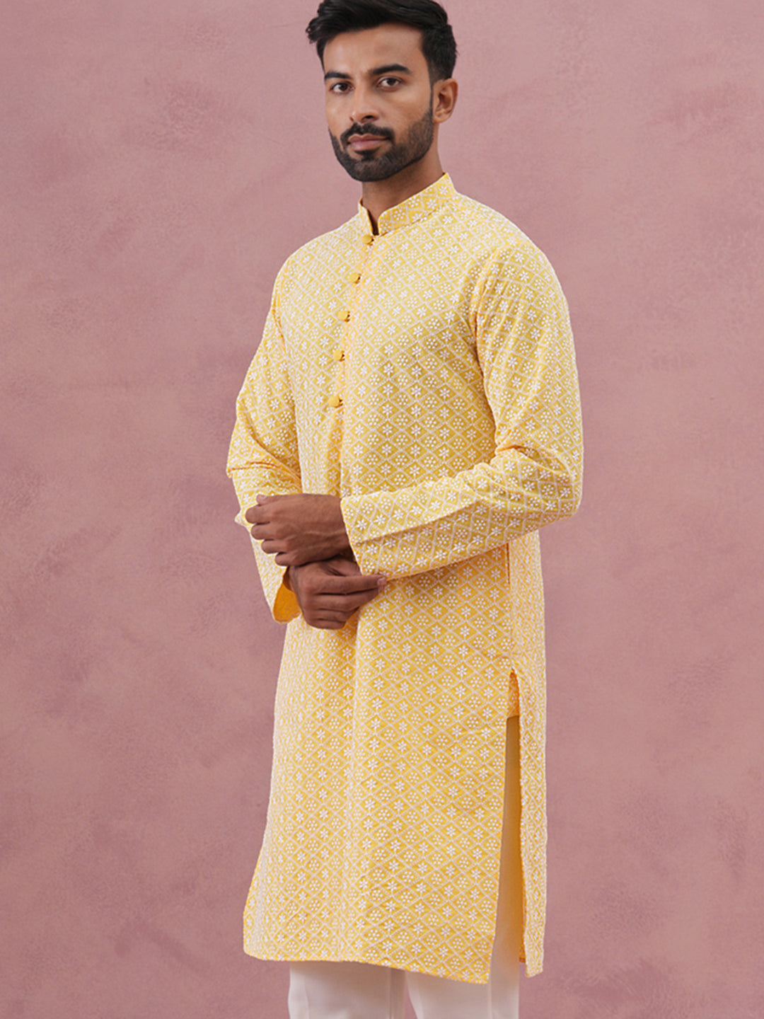 Floral Embroidered Kurta ( KO 626 Lemon ) [FF] [G-1-5]
