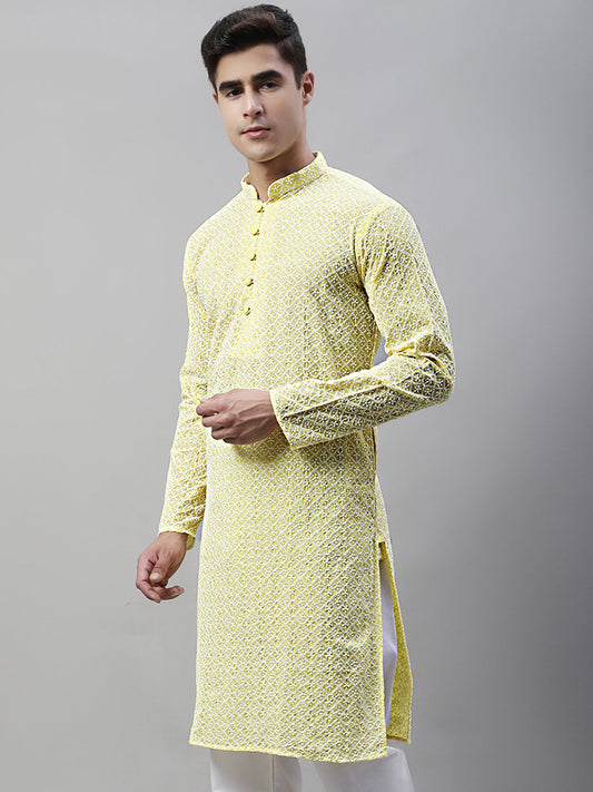 Jompers Men's Yellow Embroidered Kurta Only ( KO 626Yellow )