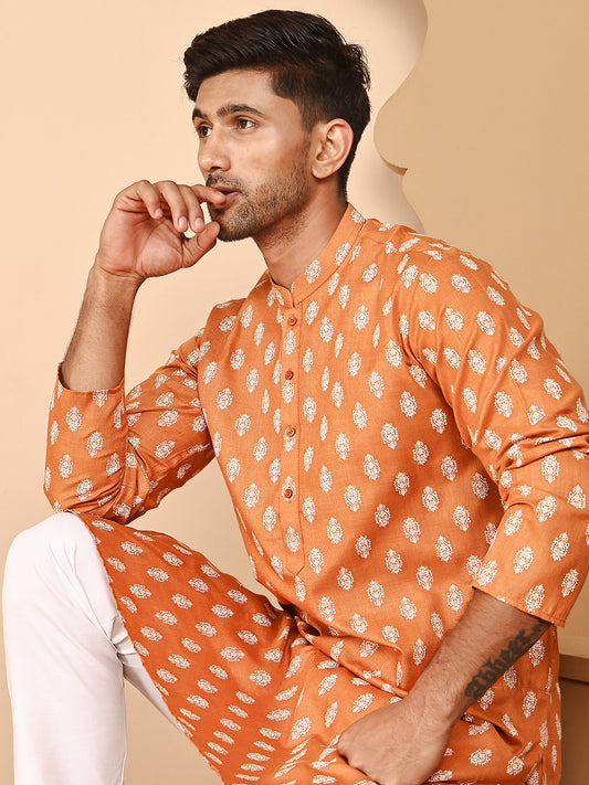 Floral Printed Kurtas for Men (KO 650 Orange ) [FF] [Q-1-6]
