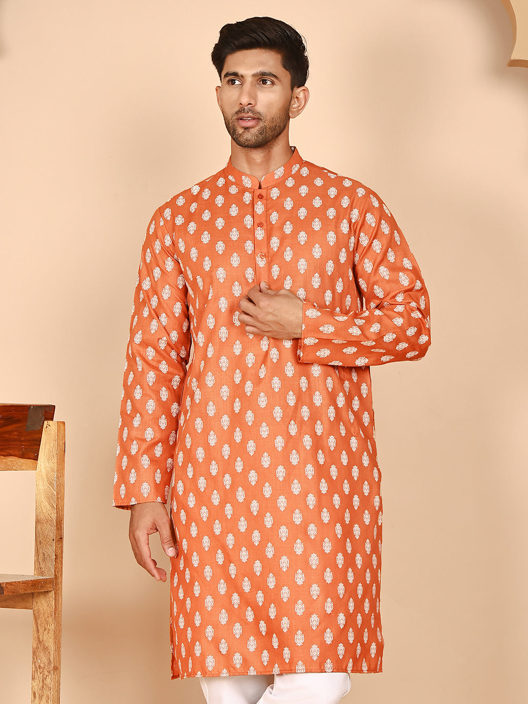 Floral Printed Kurtas for Men (KO 650 Orange ) [FF] [Q-1-6]