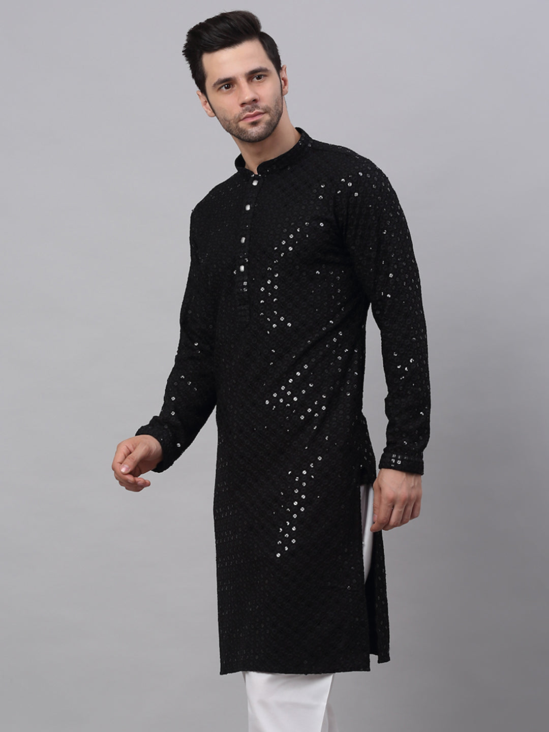Embroidered & Sequins Cotton Kurta ( ANMKO 678Black )