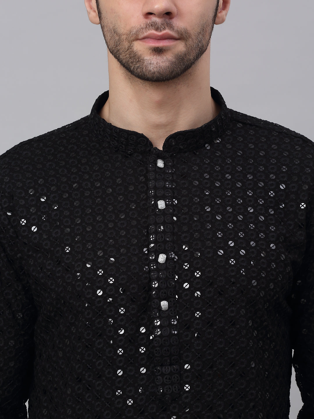 Embroidered & Sequins Cotton Kurta ( ANMKO 678Black )