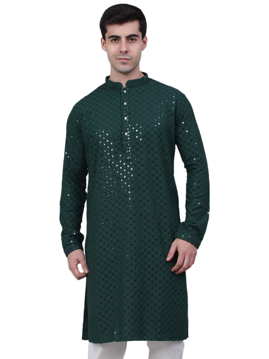 Embroidered & Sequins Cotton Kurta ( ANMKO 678Olive )