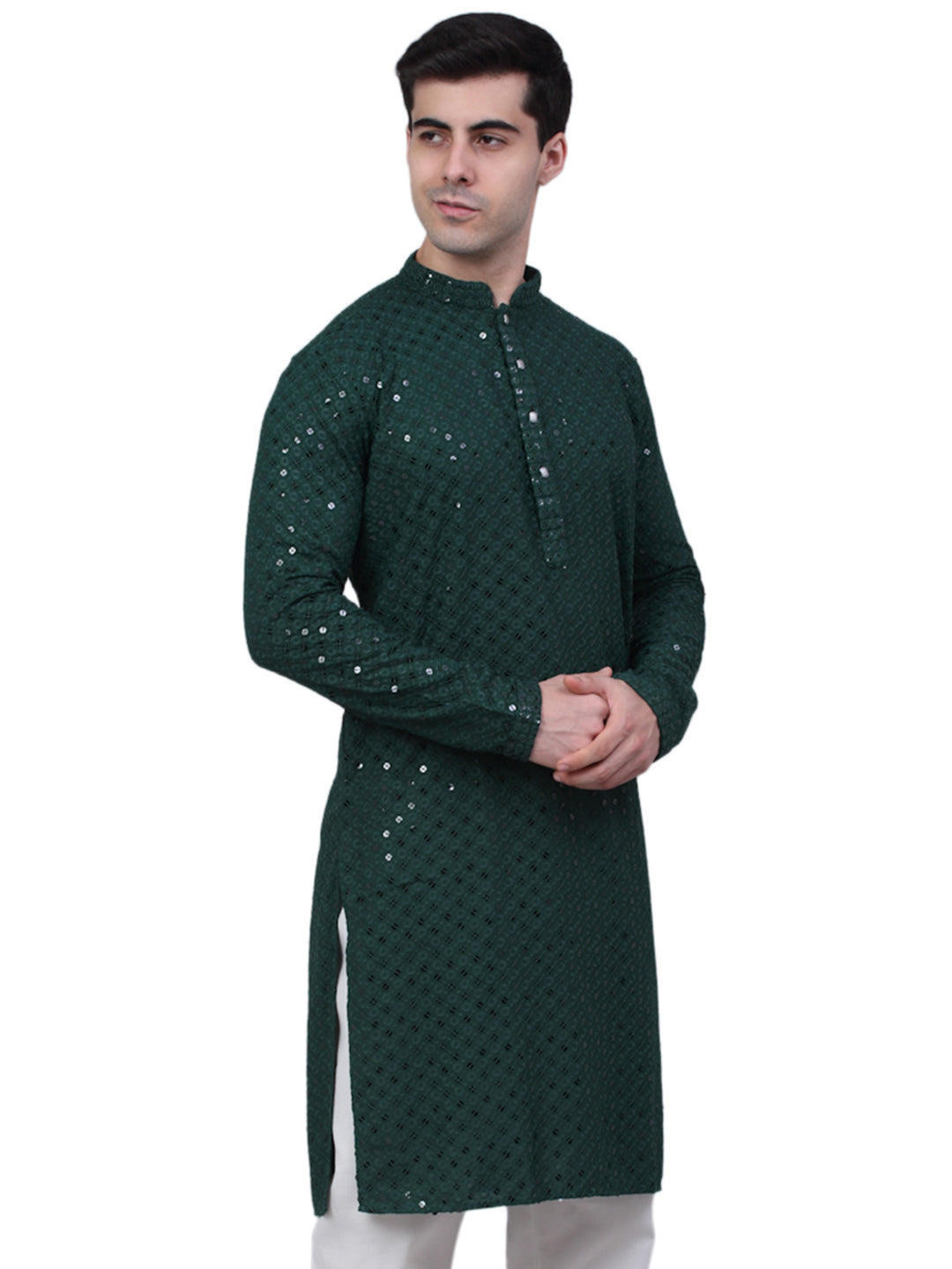 Embroidered & Sequins Cotton Kurta ( ANMKO 678Olive )