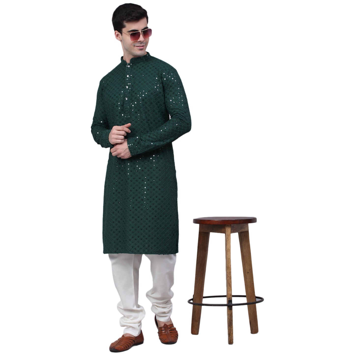 Embroidered & Sequins Cotton Kurta ( ANMKO 678Olive )