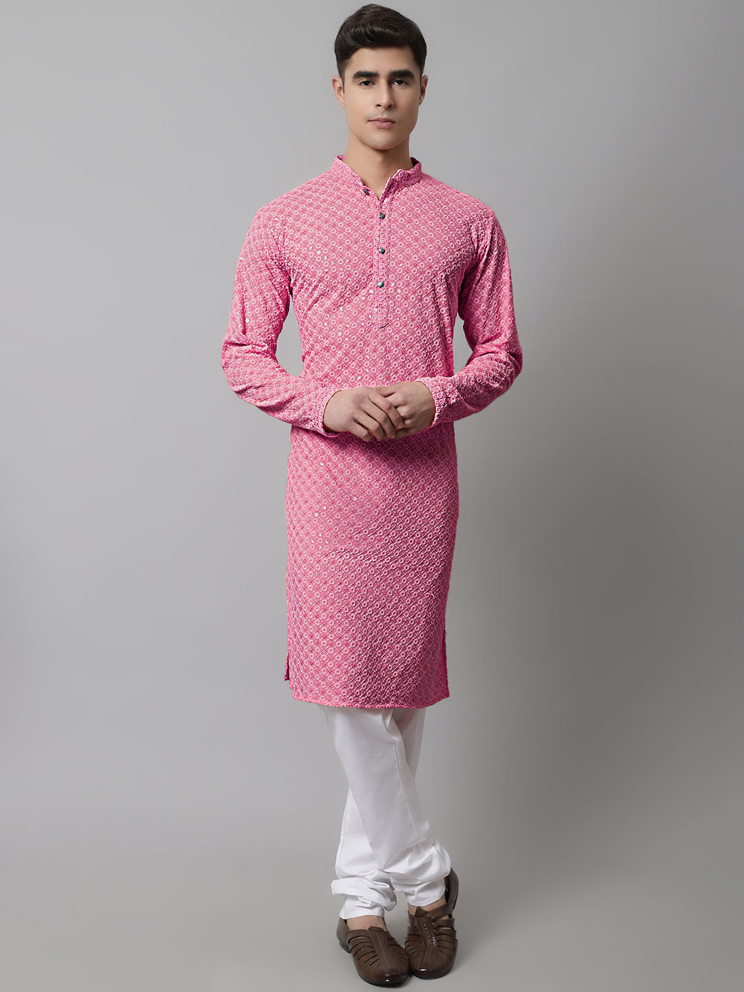 Men Pink Chikankari Embroidered and Sequence Kurtas