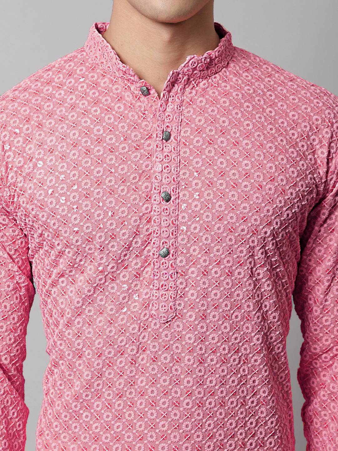 Men Pink Chikankari Embroidered and Sequence Kurtas