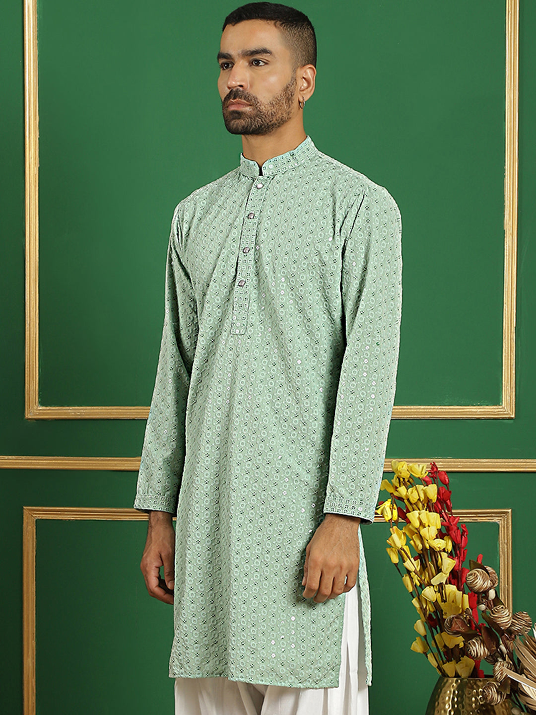 Embroidered & Sequins Cotton Kurta ( ANMKO 678Pista )