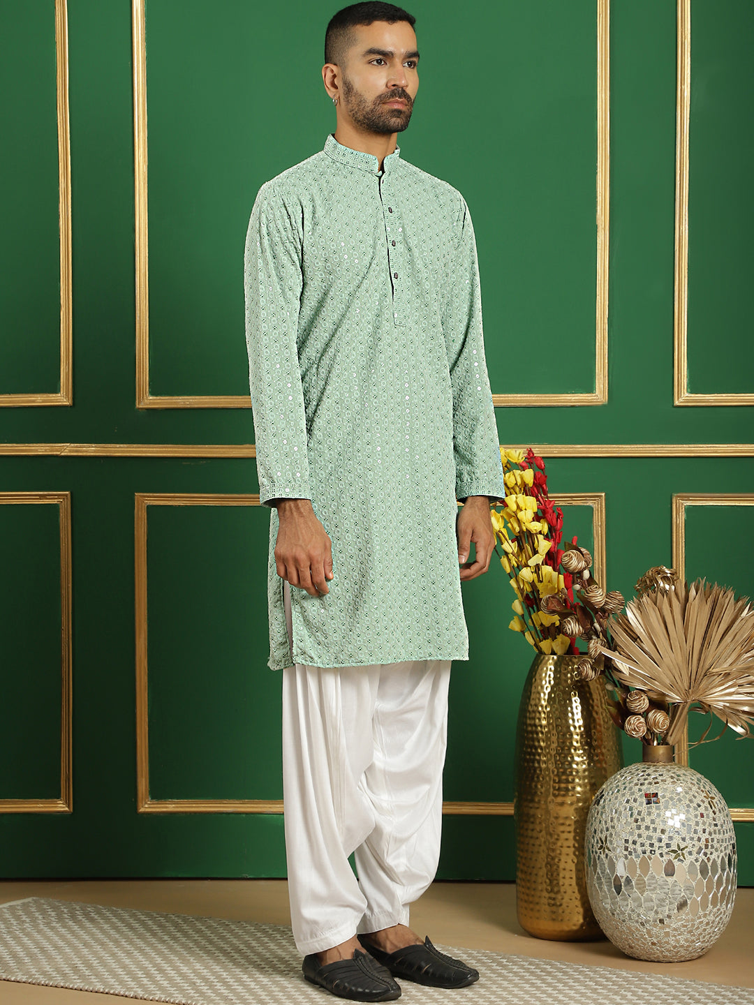 Embroidered & Sequins Cotton Kurta ( ANMKO 678Pista )