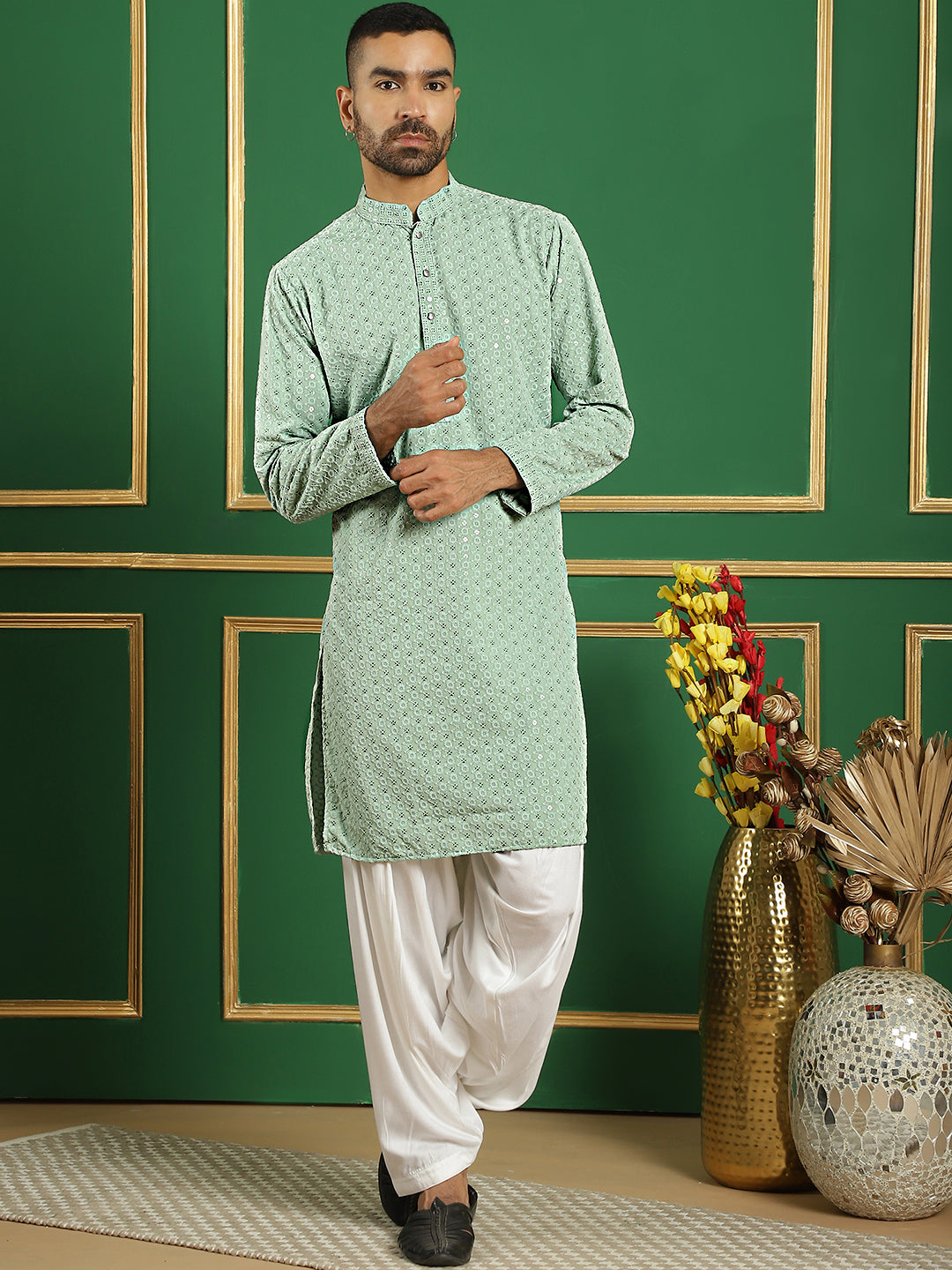 Embroidered & Sequins Cotton Kurta ( ANMKO 678Pista )