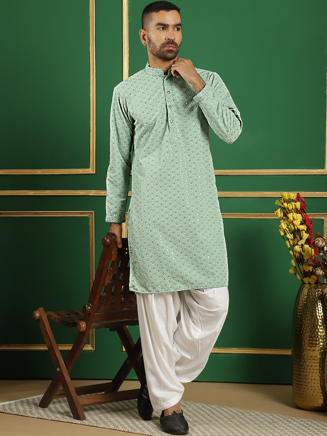 Embroidered & Sequins Cotton Kurta ( ANMKO 678Pista )