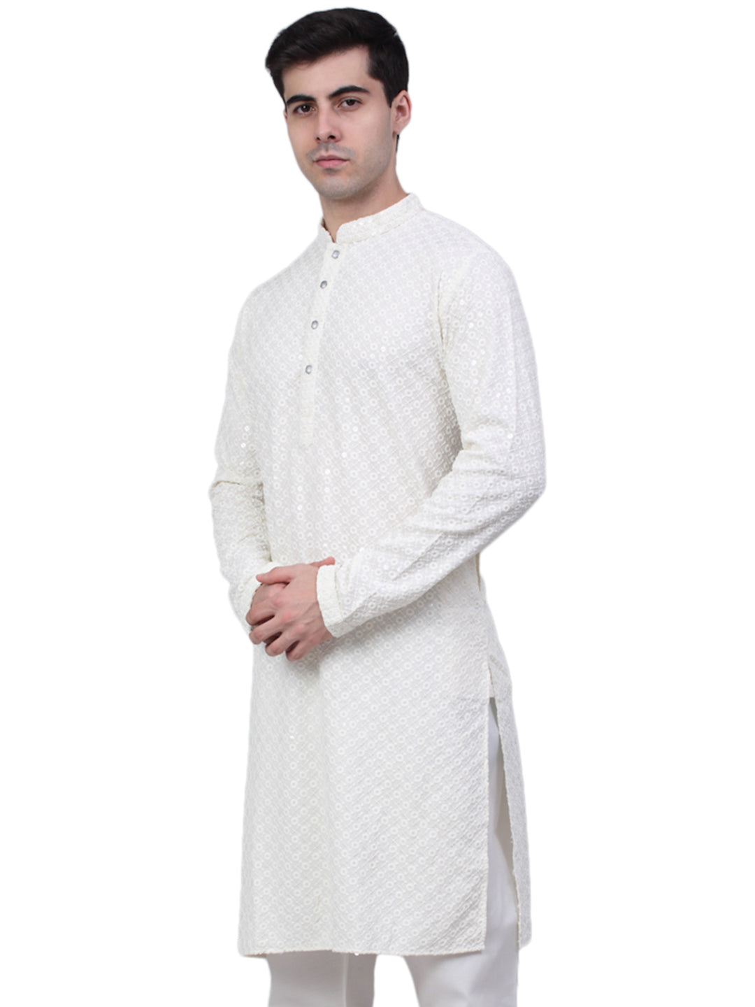 Embroidered & Sequins Cotton Kurta ( ANMKO 678White )