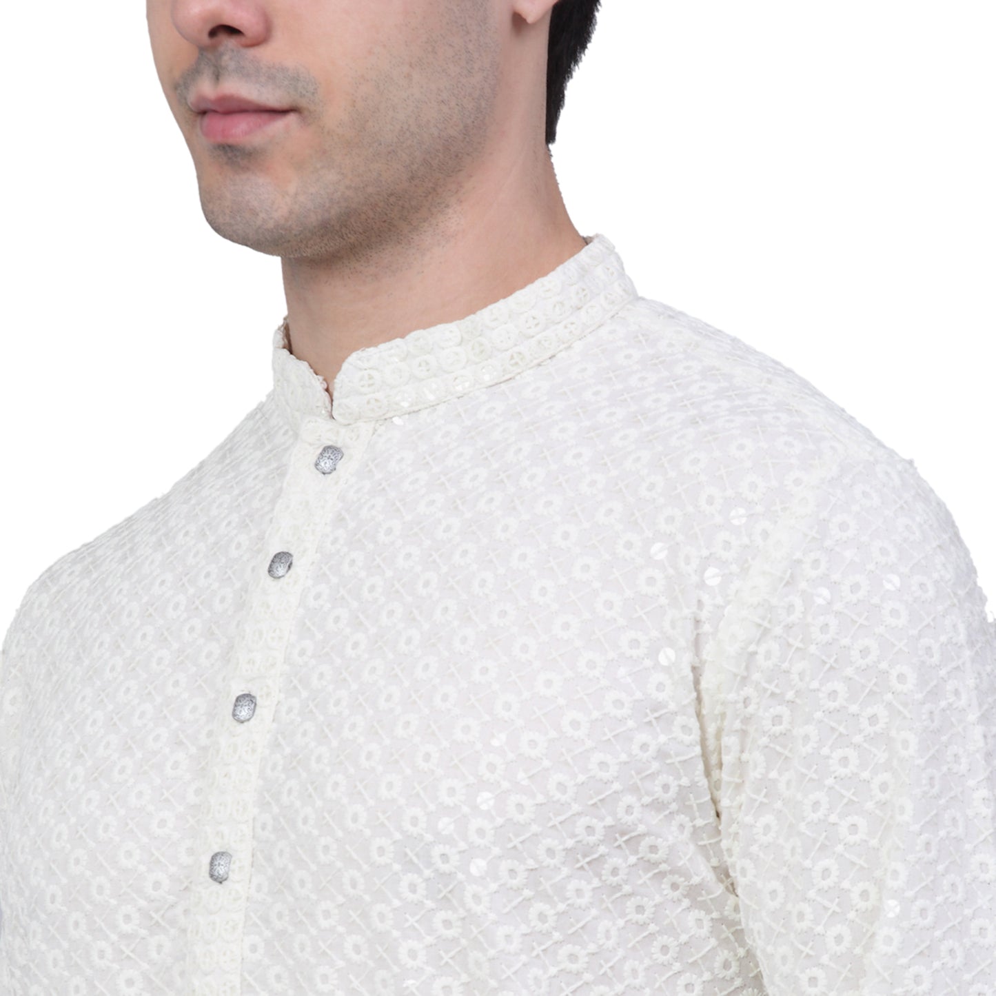 Embroidered & Sequins Cotton Kurta ( ANMKO 678White )