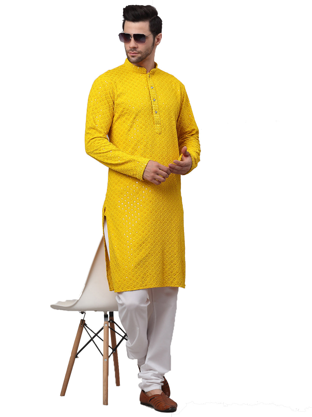 Embroidered & Sequins Cotton Kurta ( ANMKO 678Yellow )