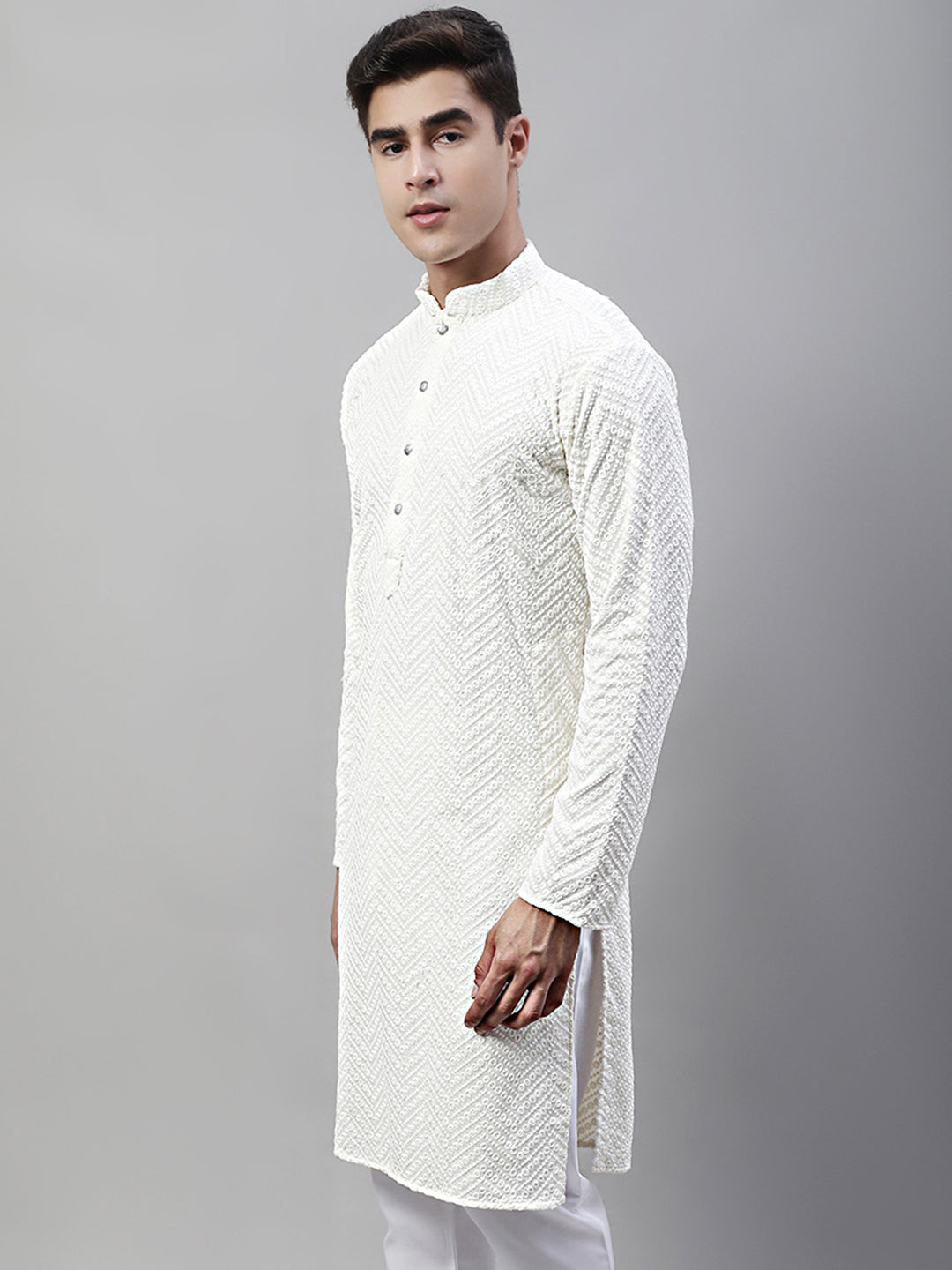 Men White Embroidered Sequinned Kurtas