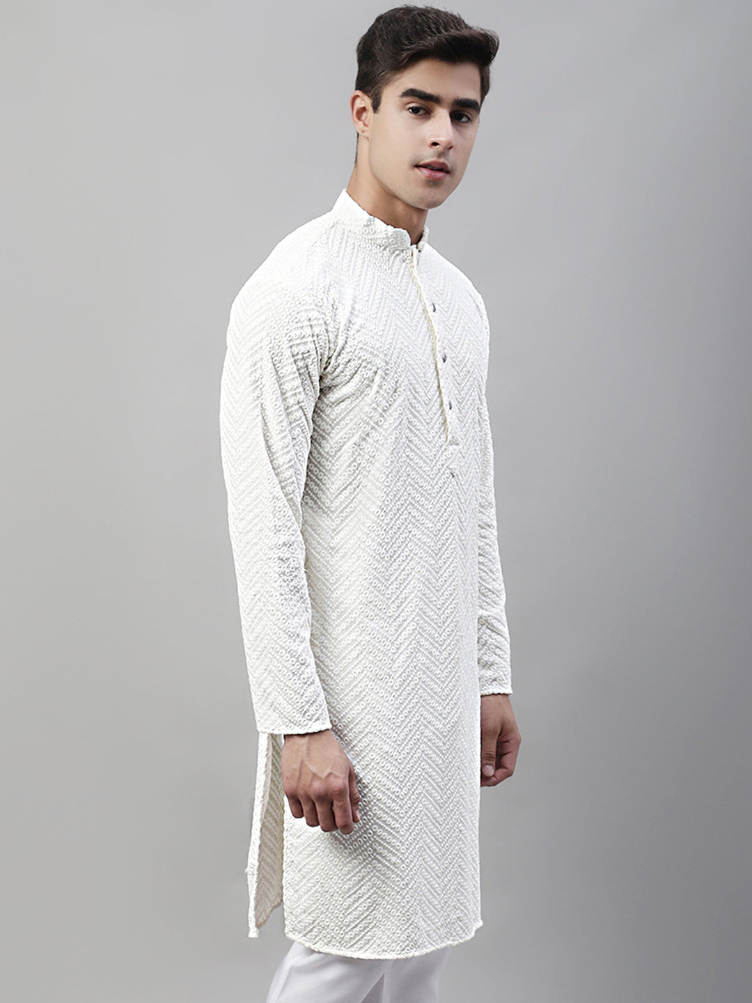 Men White Embroidered Sequinned Kurtas