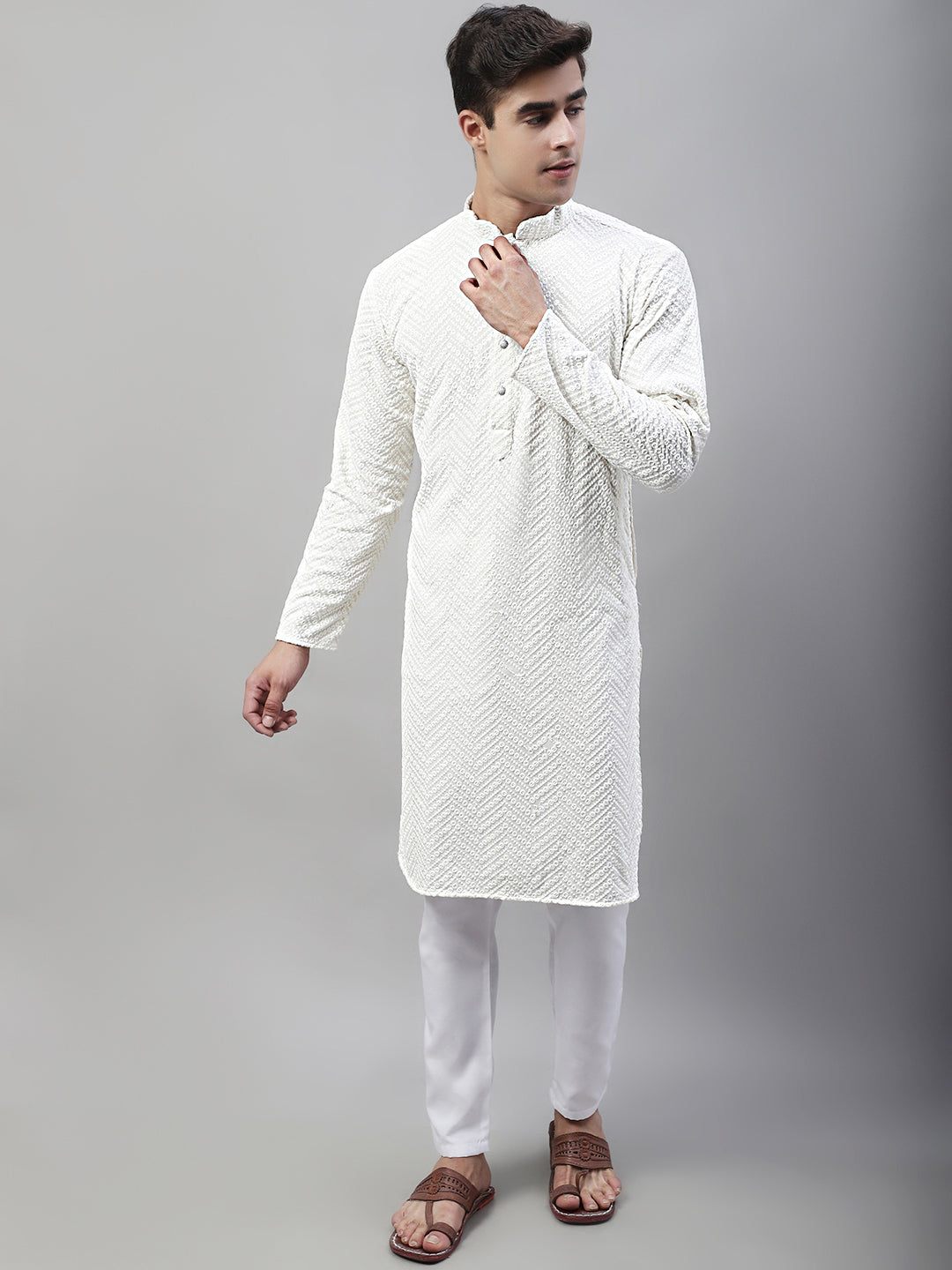 Men White Embroidered Sequinned Kurtas